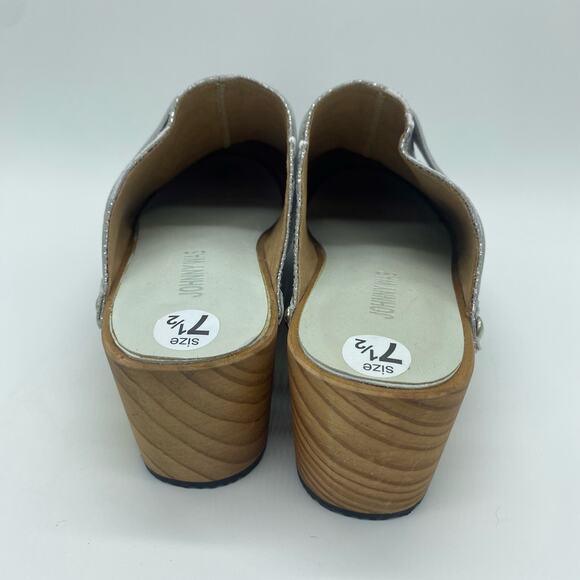 Johnny Was Women size 7.5 / 8.5 Dormi Silver Green Leather Brocade Wooden Clogs - Picture 6 of 10